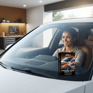 A person sitting in a car driver seat looking through a perfectly repaired windshield with a satisfied expression.