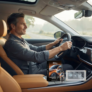 A person sitting in a car driver's seat looking through a clear, repaired windshield with a professional repair kit nearby.