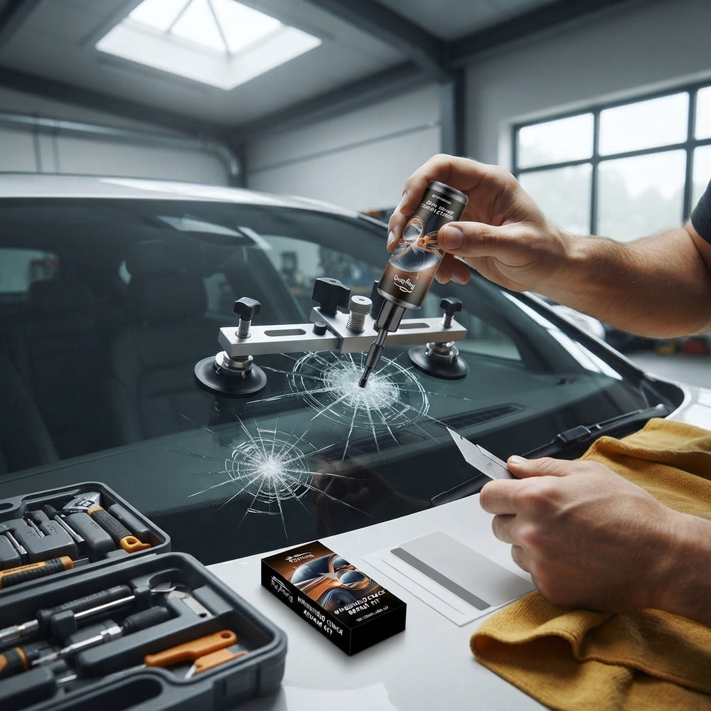 A person using a windshield crack repair kit on a car window to seamlessly fix a chip with professional results.